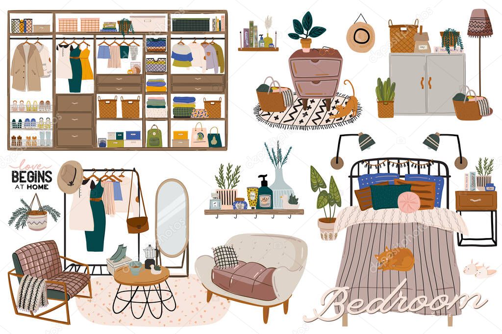 Stylish Scandinavian bedroom interior - bed, sofa, wardrobe, mirror, night stand, plant, lamp, home decorations. Cozy modern comfy apartment furnished in Hygge style. Vector illustration. Isolated