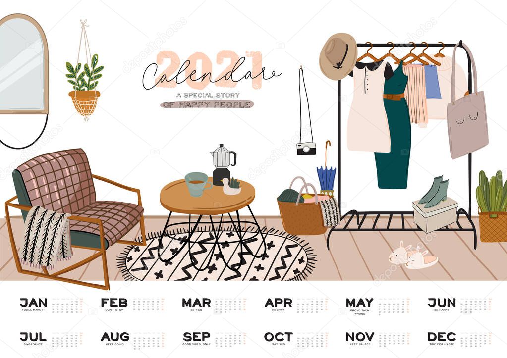 Wall calendar. 2021 Yearly Planner with all Months. Good school Organizer and Schedule. Cute home interior background. Motivational quote lettering. Flat vector illustration in trendy style