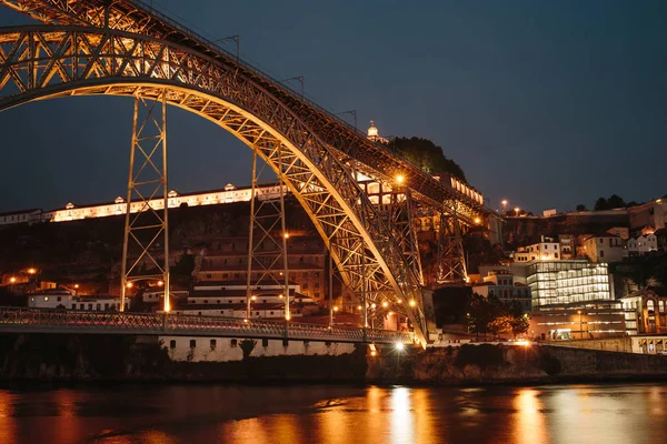 Weergave Van Ponte Luis Bridge Bij Nacht Stad Porto Portugal — Stockfoto