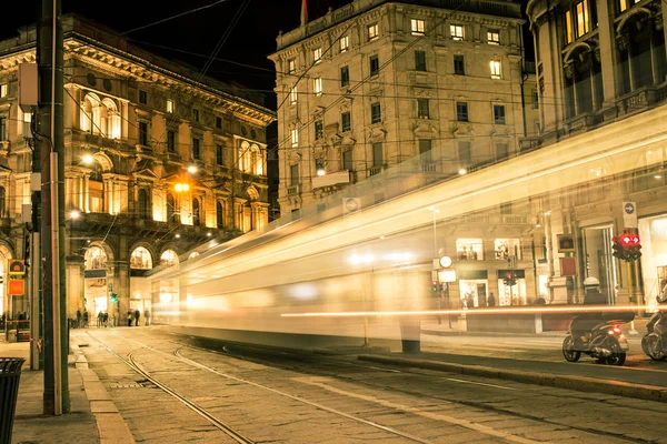 Blurred Trolley Riding Street Duomo Milan Square Italy Night — Stock Photo, Image