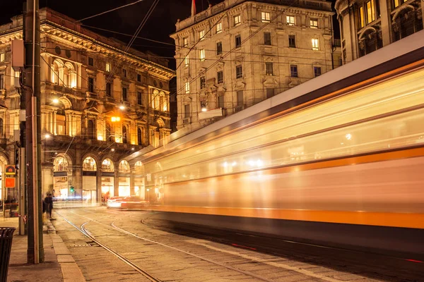 Blurred Trolley Riding Street Duomo Milan Square Italy Night — Stock Photo, Image