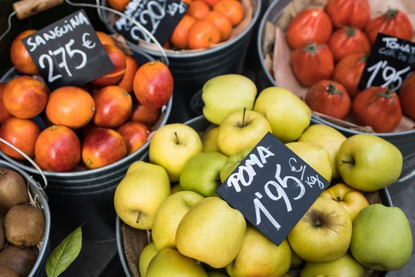 Shot Metal Buckets Filled Freh Various Apples — Stock Photo, Image