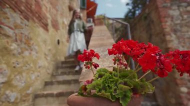 girl in dress goes down  stairs of the old city. red flowers in the foreground