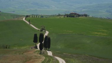 Scenic landscape with Gladiator road, cypress trees and green hills, springtime