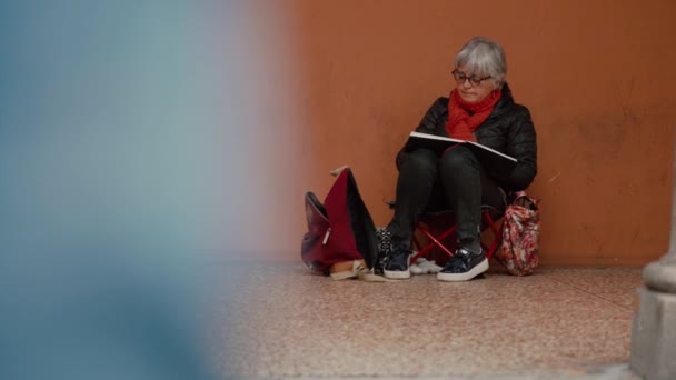 БОЛОНЬЯ, ИТАЛИЯ - 20 мая 2019 года: Уличная художница пожилая женщина сидит, рисует картины — стоковое видео