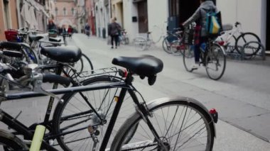 FERRARA, ITALY - MAY 20, 2019: People rides bike, lady walks street with dog