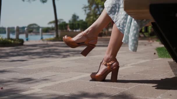 Женщина сидит на скамейке в парке. Крупный план женских ног в коричневых туфлях на высоких каблуках — стоковое видео