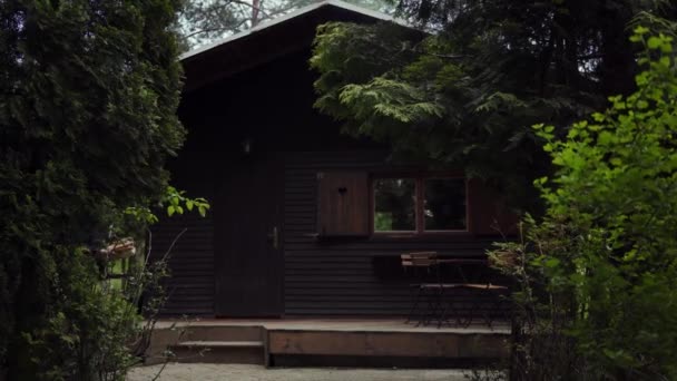 Een man met brandhout in zijn handen betreedt het huis staand in het bos. Rust in het land — Stockvideo