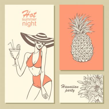 Beach tarzı çizilmiş çiçeklerle, kokteyl ve ananas ile kız partisi için davetiye