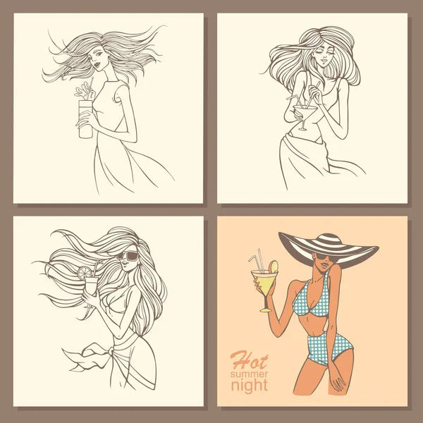 Set von handgezeichneten Mädchen mit Cocktail — Stockvektor