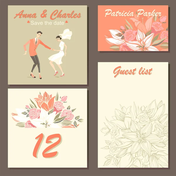 Sada svatební pozvánky s květinovým vzorem a roztomilé ilustrace tanečního páru v karikatuře stylu. — Stockový vektor
