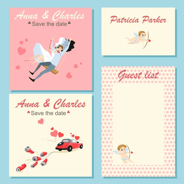 Sammlung von Hochzeitseinladungskarten mit niedlichen, farbenfrohen Illustrationen eines Paares auf einer Schaukel, einem Hochzeitsauto und Tupfen. — Stockvektor
