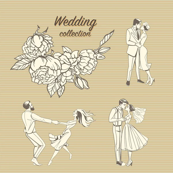 Sada ilustrací retro Svatební květinový vzor kreslené a roztomilý páry. — Stockový vektor
