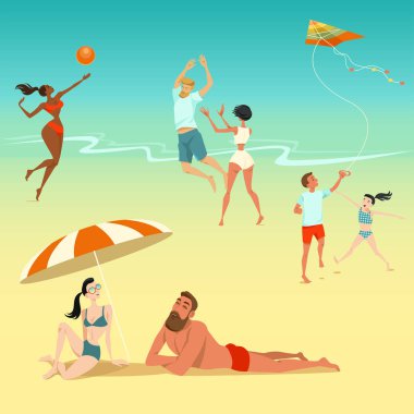 Sahilde rahatlatıcı insanlar Illustration. Çocuk bir uçurtma ile. Voleybol oynayan genç insanlar. Güneşlenme Çift.