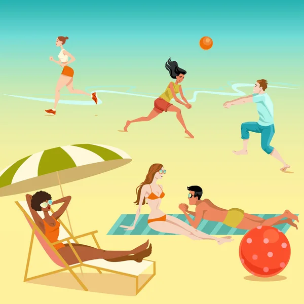 Illustration von Menschen, die sich am Strand entspannen. Jugendliche, die Volleyball spielen. Sonnenanbeter. Joggerin. — Stockvektor