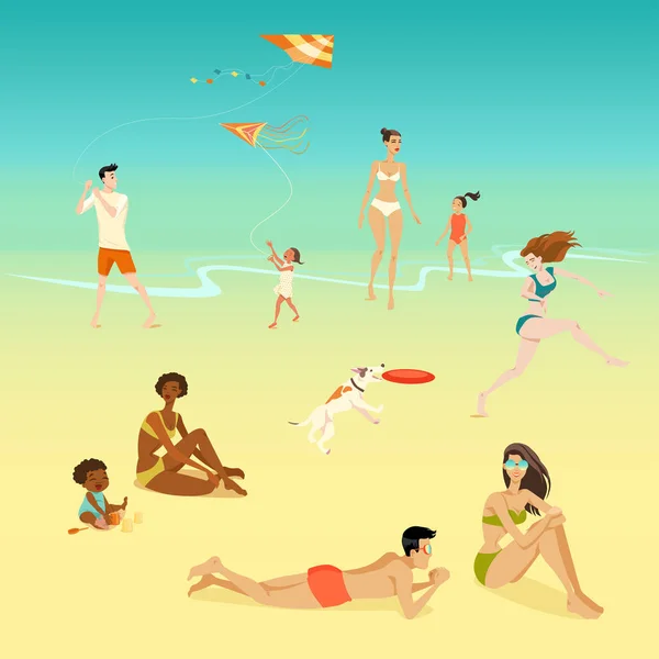 Illustration von Menschen, die sich am Strand entspannen. — Stockvektor
