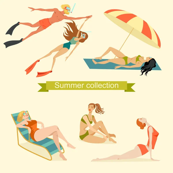Set of isolated illustrations of people relaxing on the beach. Summer day. — Stock Vector