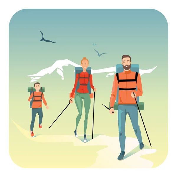 Szczęśliwa rodzina piesze wycieczki w góry — Wektor stockowy