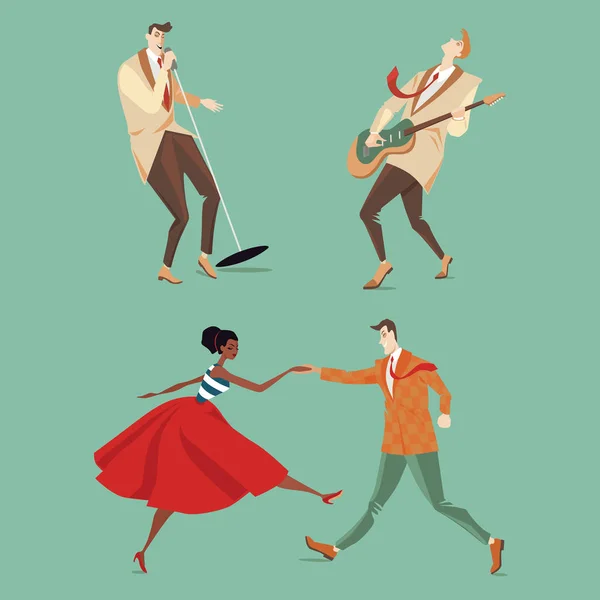 Musicians and a couple dancing Lindy Hop — Stock Vector