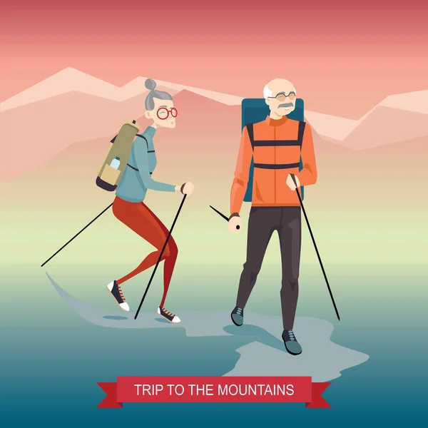 Pareja de ancianos caminando en las montañas — Vector de stock