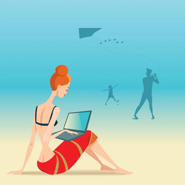 Kvinna med laptop på stranden — Stock vektor