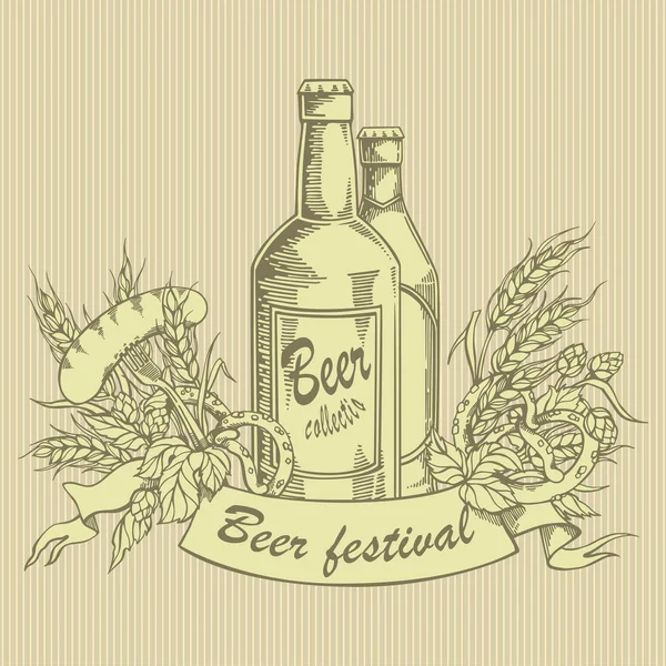 Ilustración vectorial vintage de botellas de cerveza con lúpulo, cebada, bisel y salchichas . — Vector de stock