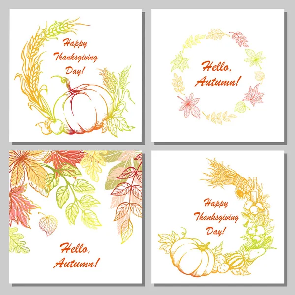  Kartpostal Şükran günü için kümesi. Çizilmiş sebze, yaprakları