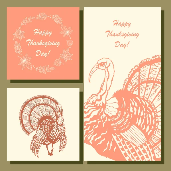 Set of  postcards for Thanksgiving Day. Hand-drawn turkey, leaves — Stock Vector