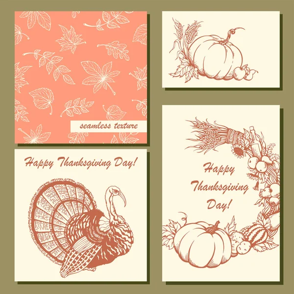 Set of  postcards for Thanksgiving Day. Hand-drawn vegetables, turkey, leaves — Stock Vector