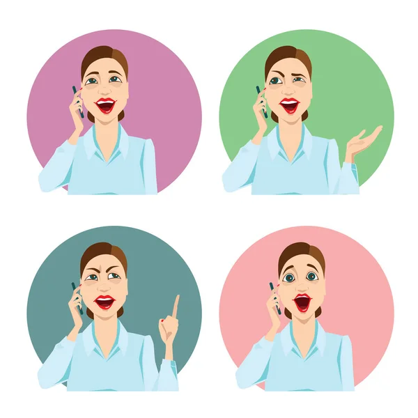 Chica hablando por teléfono, diferentes emociones — Archivo Imágenes Vectoriales