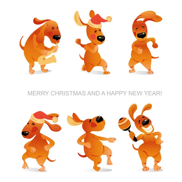 Tarjeta de Año Nuevo con perros divertidos bailando y jugando al saxofón — Archivo Imágenes Vectoriales