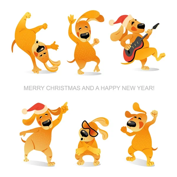 New Year's card with funny dogs dancing and playing guitar — Stock Vector