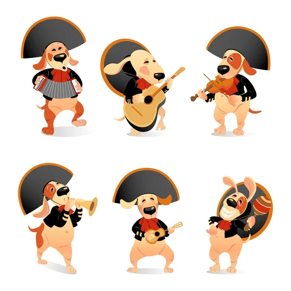 Set di illustrazioni vettoriali di simpatici cani in costume mariachi con strumenti musicali tradizionali su sfondo bianco — Vettoriale Stock