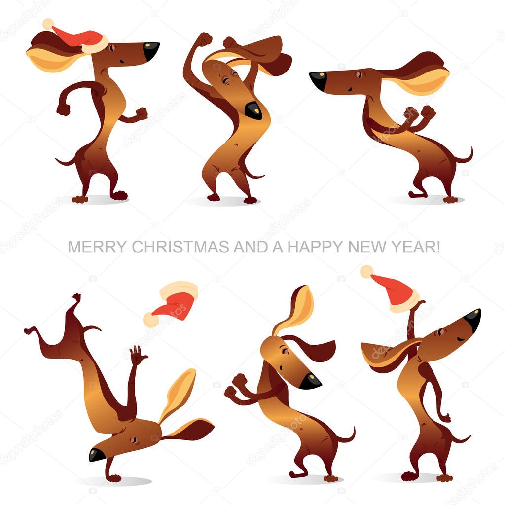 New Year's card with funny dancing dogs 