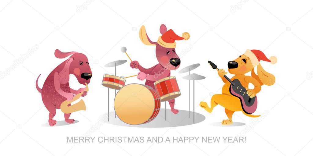 New Year's card with funny dogs playing musical instruments 