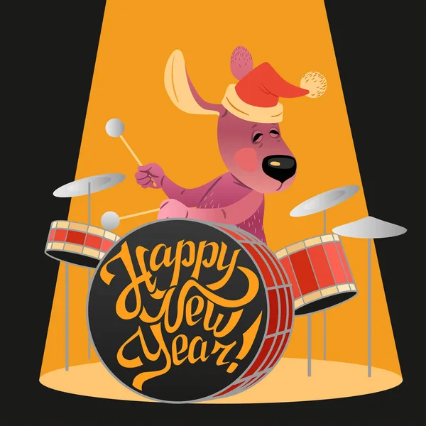 New Year's card with a funny dog playing on drums — Stock Vector