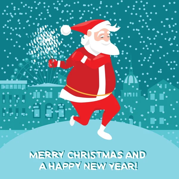 Zábavné Santa Claus s prskavky tančí twist, Vánoční přání — Stockový vektor