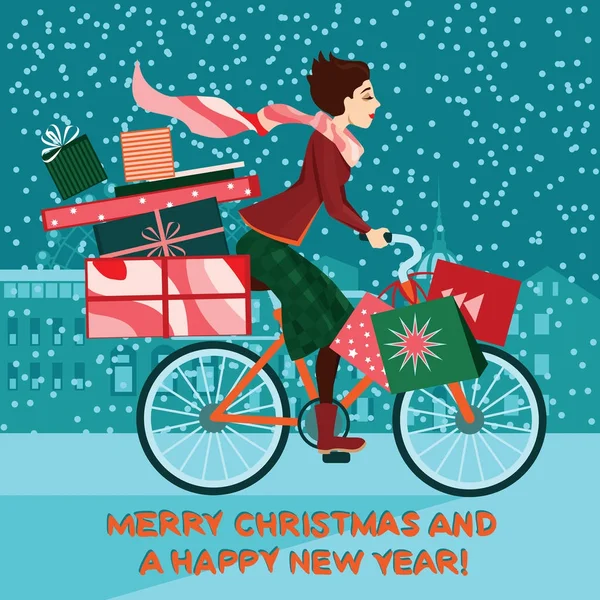 Chica en bicicleta con regalos, venta de Navidad — Vector de stock