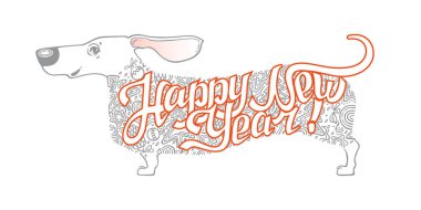 Komik köpek ile yeni yıl kartı. Dachshund