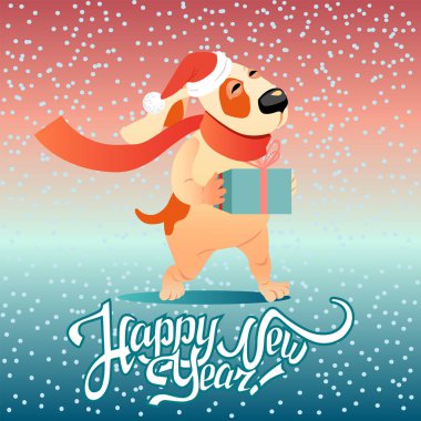 Yeni yıl kartı ile bir hediye ile komik köpek 