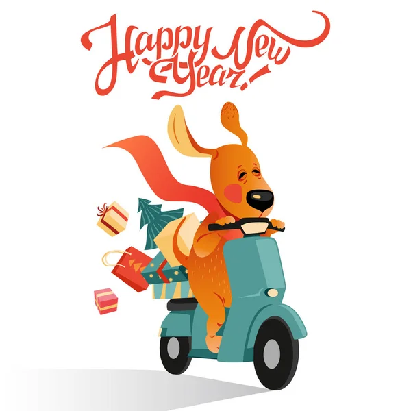 Tarjeta de Año Nuevo con perro divertido en una scooter con regalos — Vector de stock