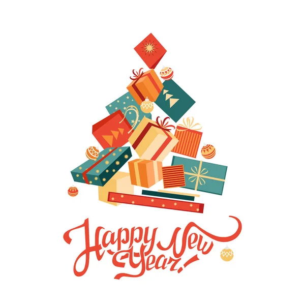 La tarjeta de Año Nuevo con el árbol de navidad de los regalos — Vector de stock