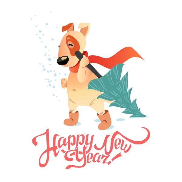 Tarjeta de Año Nuevo con perro divertido con un árbol de Navidad — Vector de stock