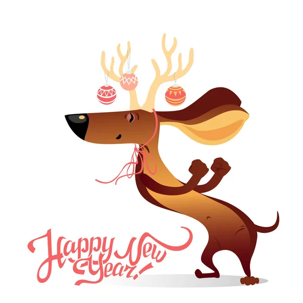 Tarjeta de Año Nuevo con perro bailarín divertido — Vector de stock