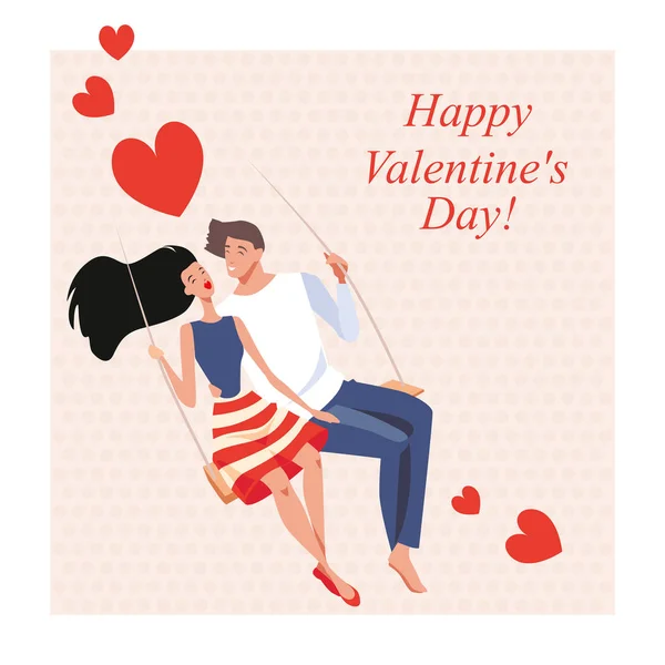 Los Amantes Columpio Tarjeta Para Día San Valentín Estilo Dibujos — Archivo Imágenes Vectoriales