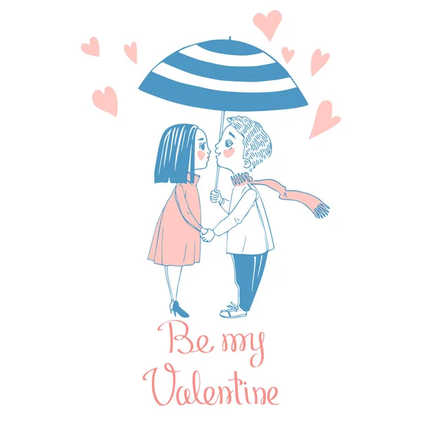 Valentýna blahopřání. Roztomilý pár líbání pod deštníkem — Stockový vektor