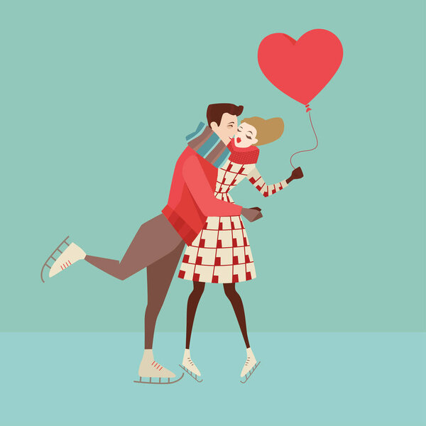 Cute couple skating at ice rink. Vector cartoon illustration in a flat style