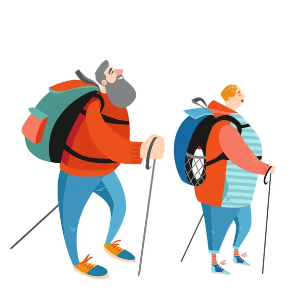 Personas mayores haciendo senderismo juntos . — Vector de stock