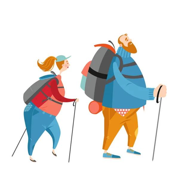 Двоє смішних мультиплікаційних персонажів займаються пішим туризмом. Товстий чоловік і жінка на прогулянці . — стоковий вектор