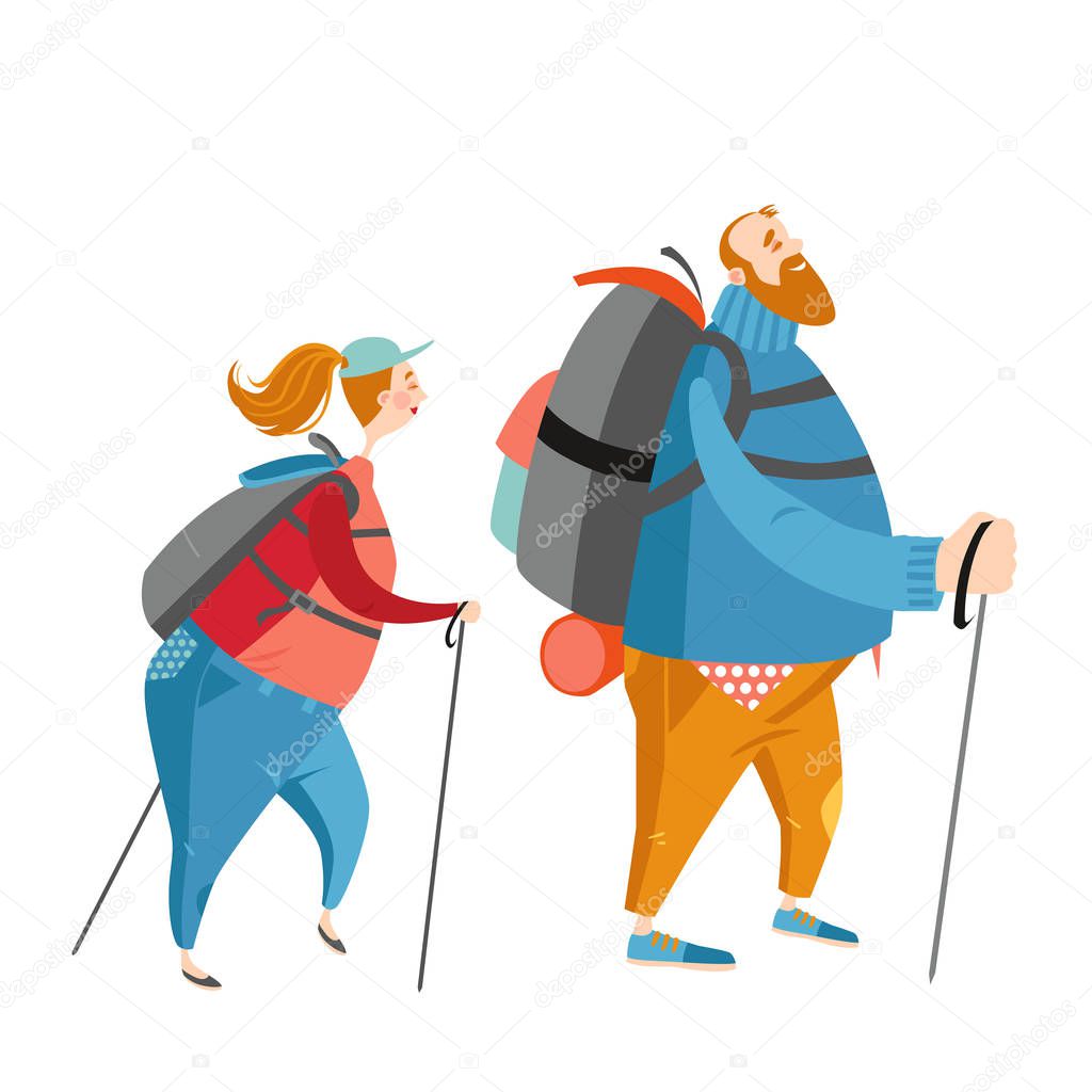 Two funny cartoon characters are engaged in hiking. Fat man and woman on a walk.